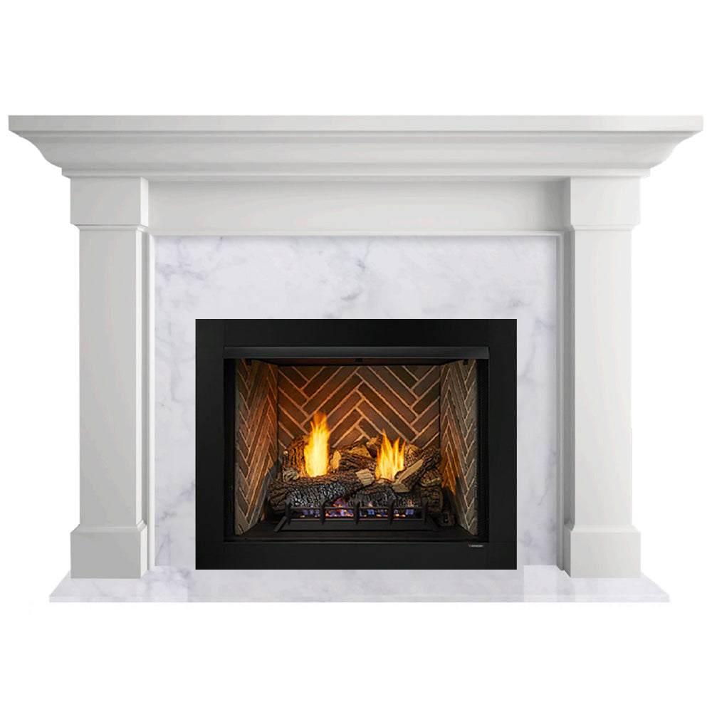 White Kenwood flush mantel with black vent-free firebox showing burning logs.