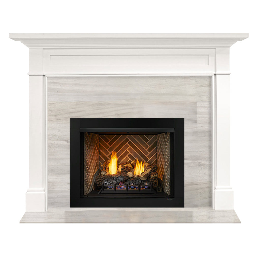 White flush wood mantel with black vent-free firebox and yellow-orange flame