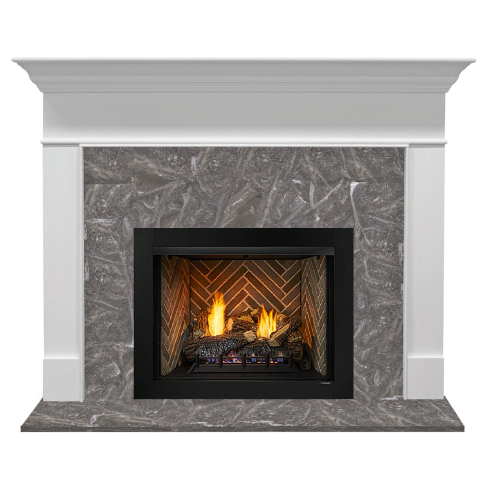 White primed MDF fireplace mantel with grey stone surround and black vent-free firebox