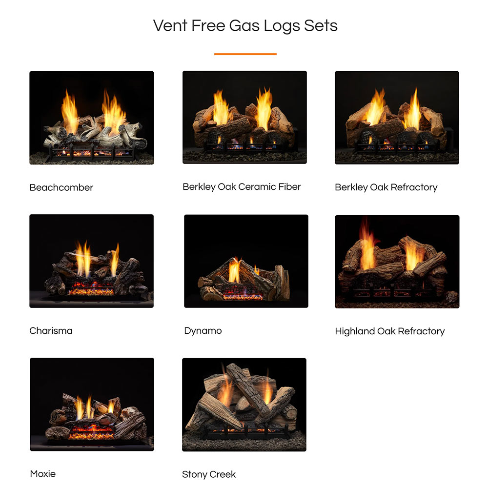 Vent-free gas log set style chart with flame preview thumbnails