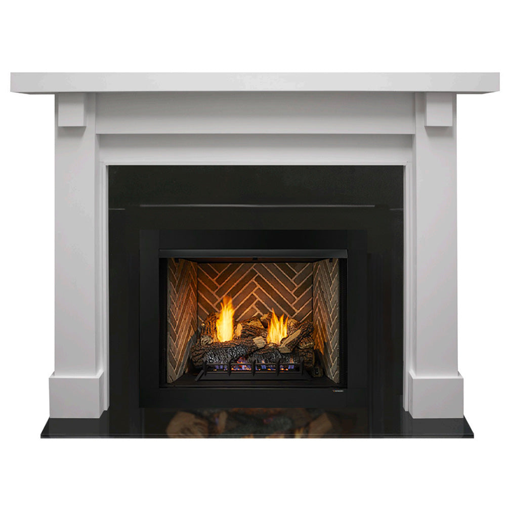 White fireplace mantel with black vent-free firebox, showing gas flames inside