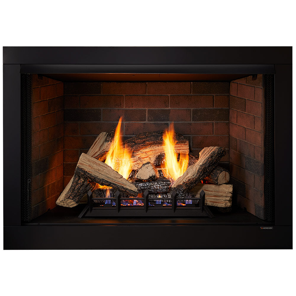 Vent-free firebox with gas log set, open flames inside black surround