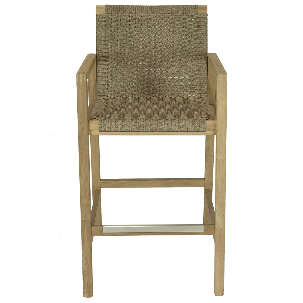 Woven bar chair with light wood frame and olive-brown fabric seat and backrest.
