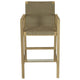 Woven bar chair with light wood frame and olive-brown fabric seat and backrest.