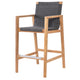 Woven bar chair with armrests, light wood frame, and dark charcoal-gray fabric cushion.