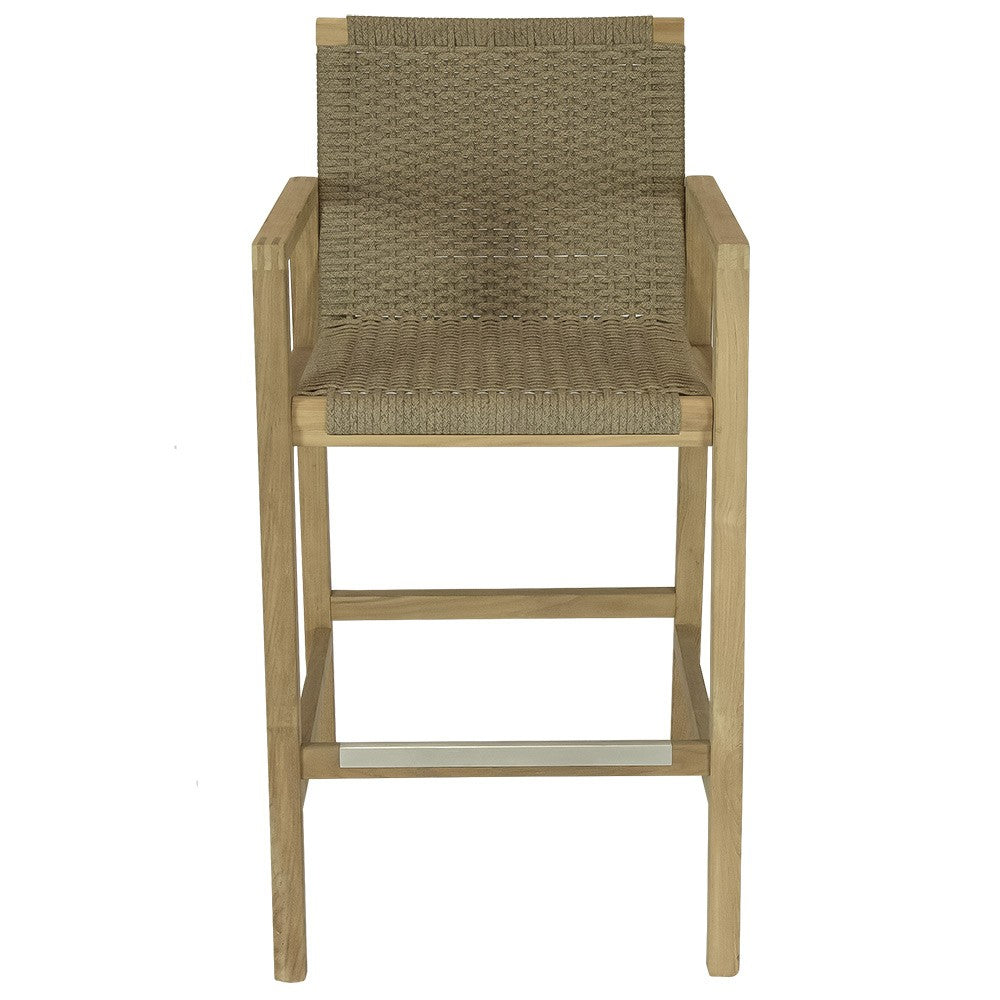 Woven bar chair with light wood frame and olive-brown fabric seat and back.