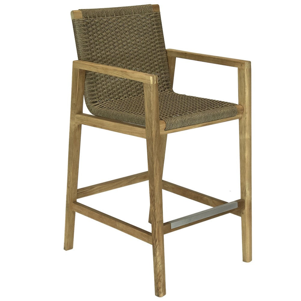 Woven bar chair with armrests, light wood frame, and olive-brown cushioned seat.