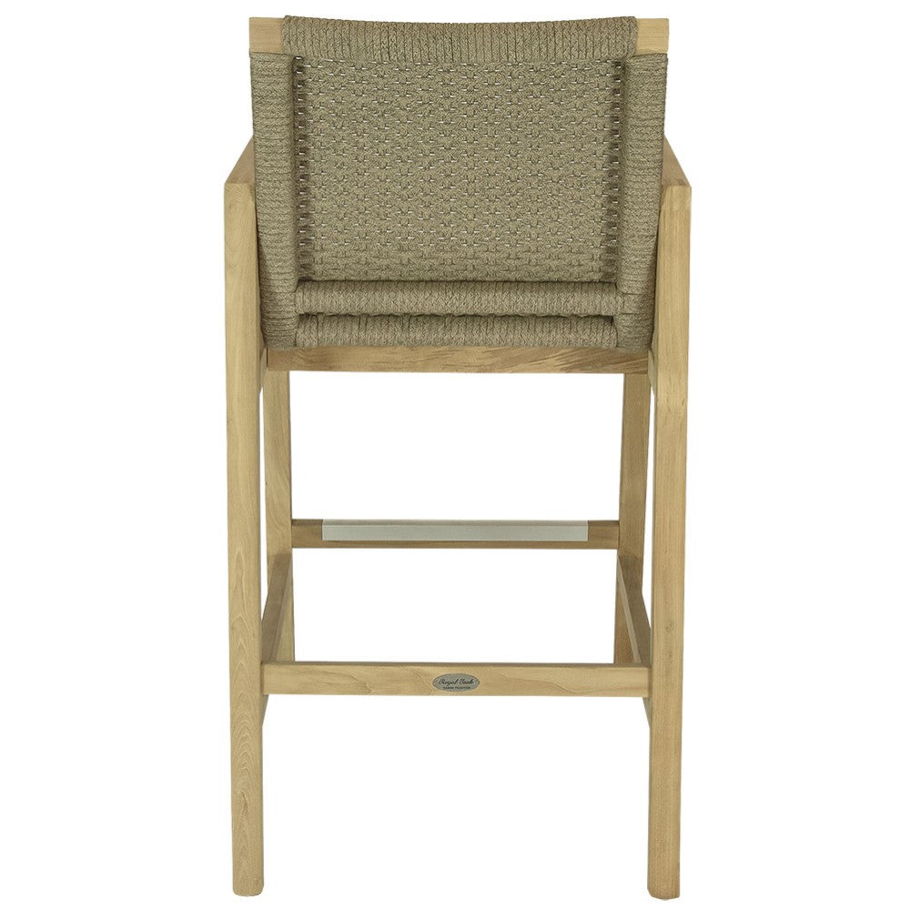 Woven bar chair with light wood frame and olive-brown fabric seat and backrest.