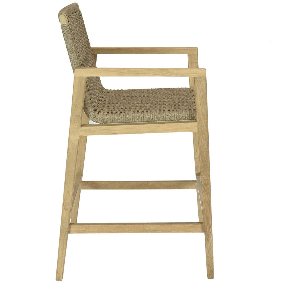 Woven bar chair with light wood frame and olive-brown fabric seat with curved back.