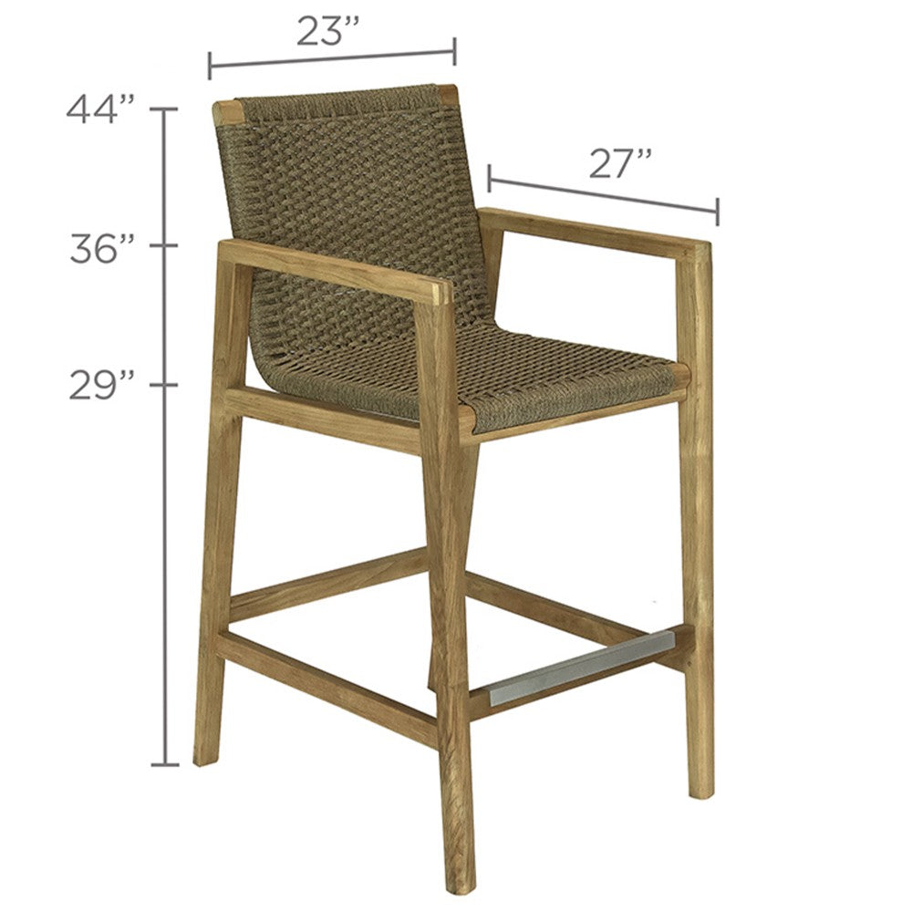 Bar chair with light wood frame and olive-brown woven upholstery, side profile view.