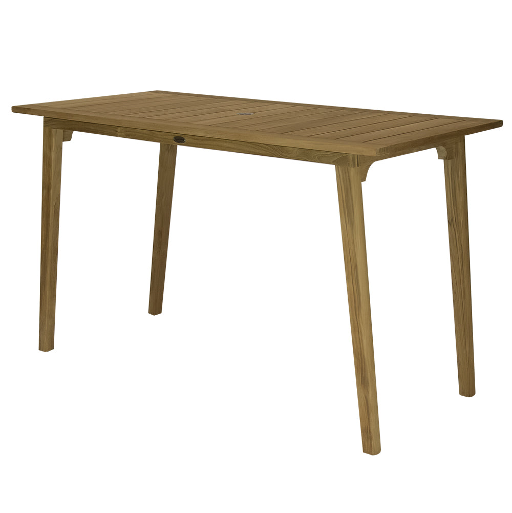 Teak bar table with slatted rectangular top and four tapered legs
