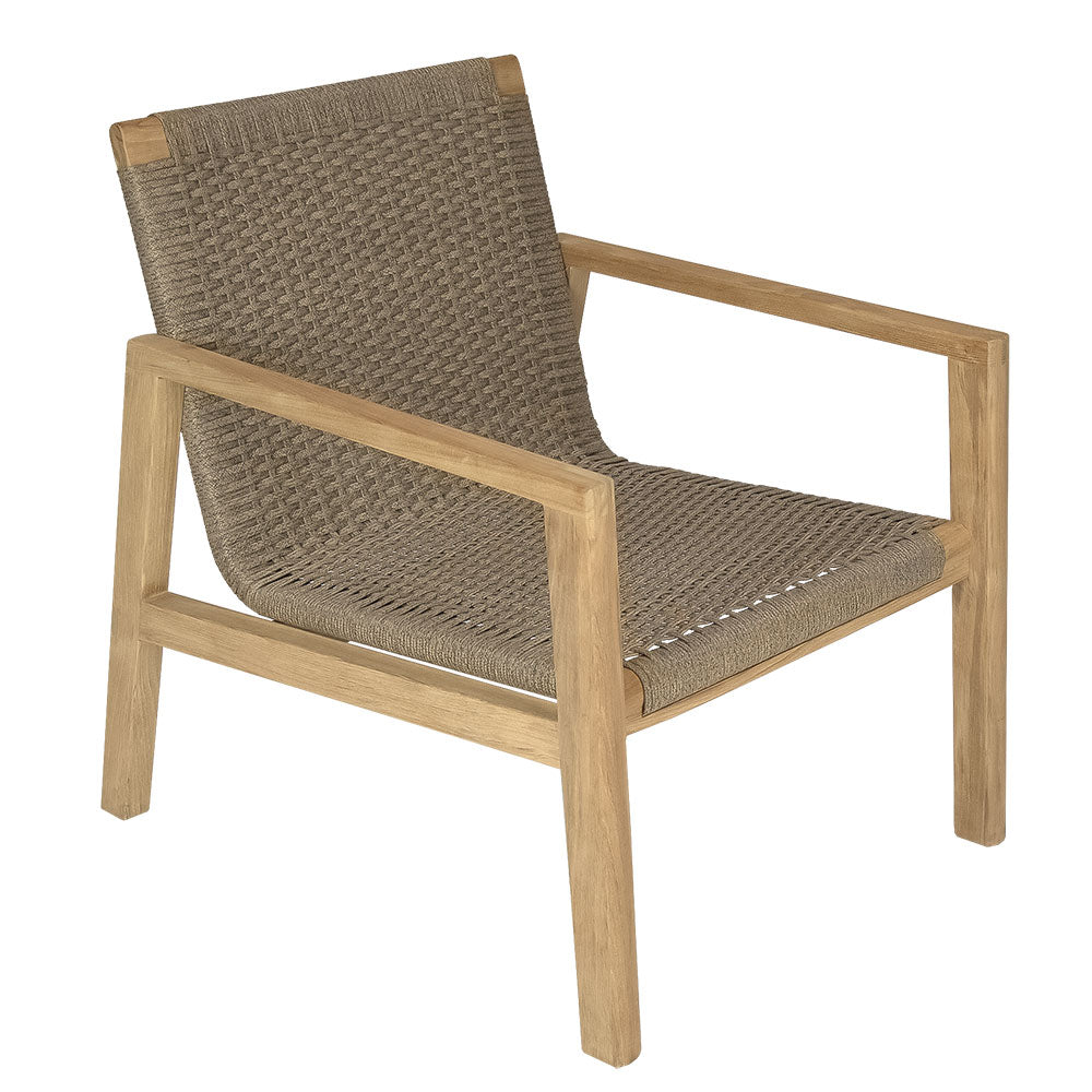 Charcoal woven club chair with light wood arms and frame, wide back and seat