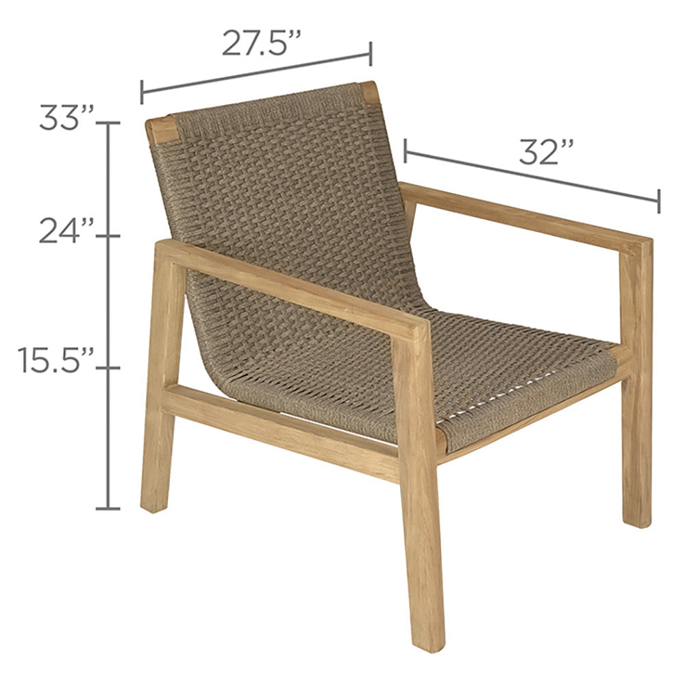 Woven club chair with dark fabric seat and back, light wood frame and armrests