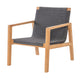 Charcoal woven club chair with light wood frame, angled arms and padded seat