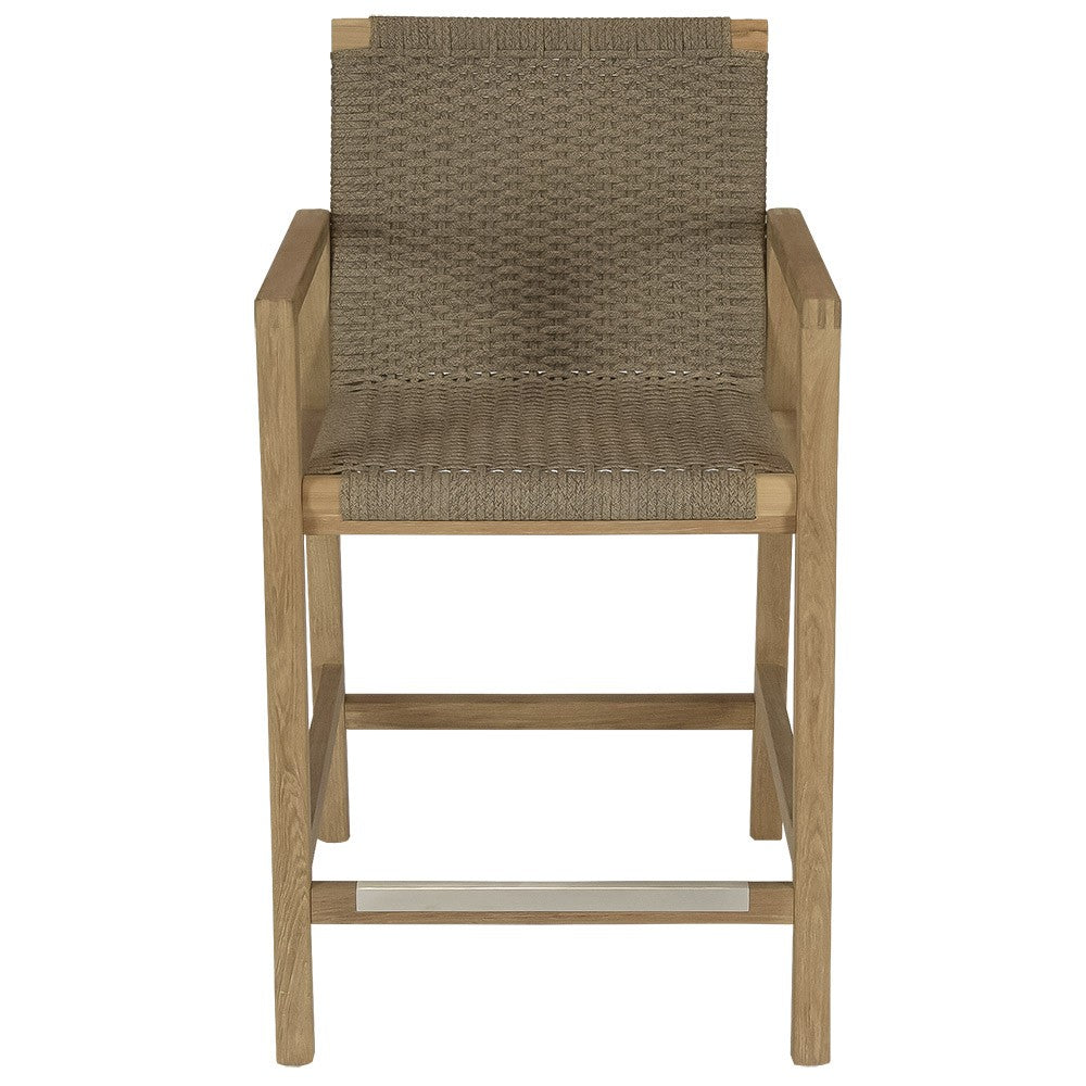 Teak counter height chair with woven fabric seat and backrest, sand.