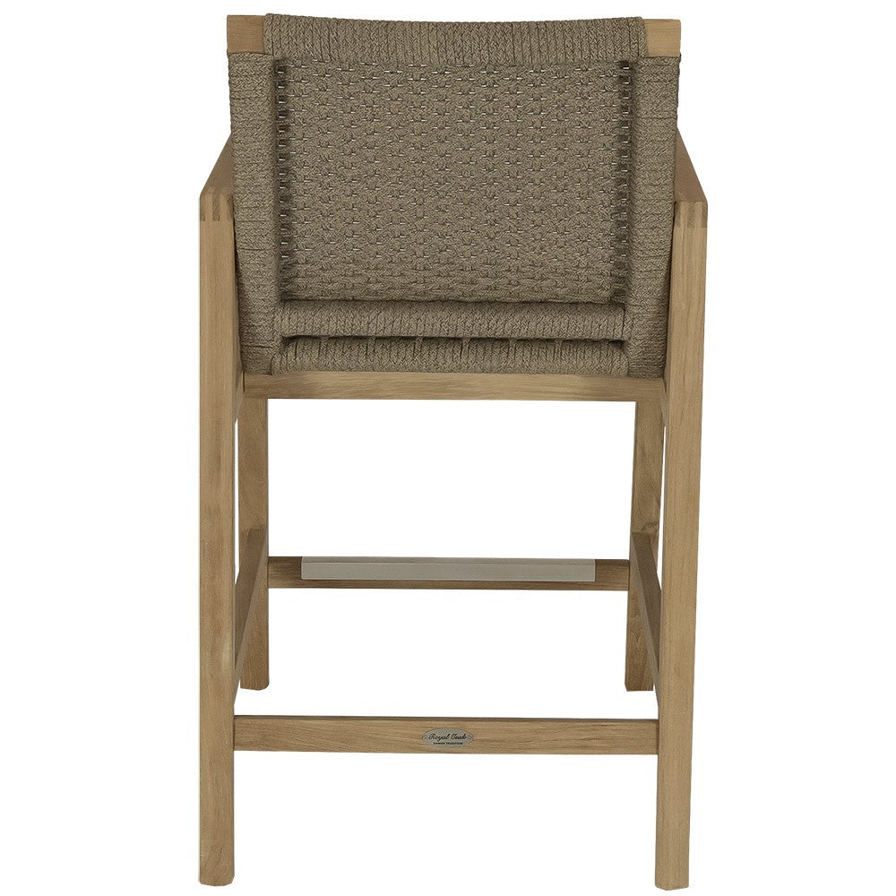 Teak counter height chair with woven fabric seat and backrest, dark sand.
