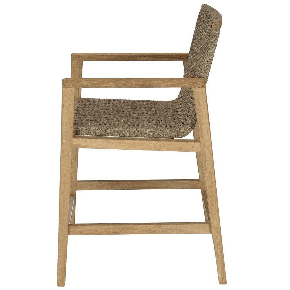 Teak counter height chair with woven seat and tall backrest, charcoal.