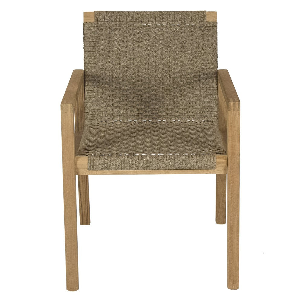 Admiral dining chair with sand woven seat and back, solid teak arms and legs