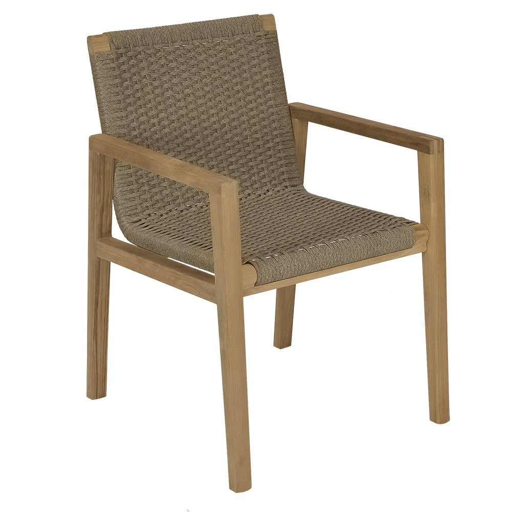 Admiral dining chair angled view with sand woven seat, teak frame and arms