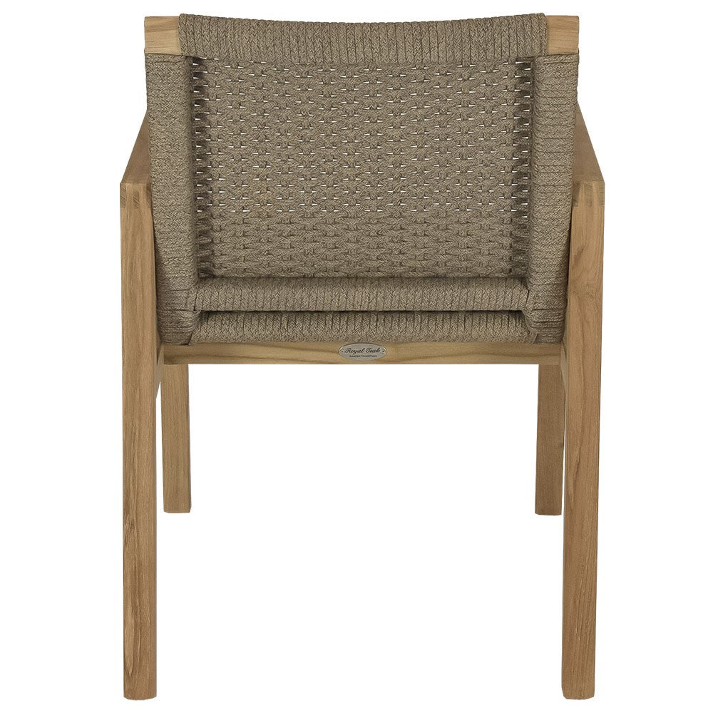 Admiral dining chair front view with sand woven backrest and seat, teak legs