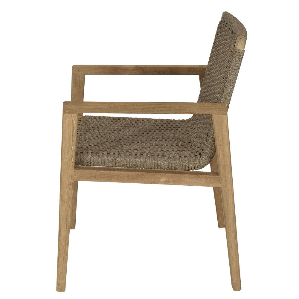 Admiral dining chair side view with sand woven seat cushion, teak frame