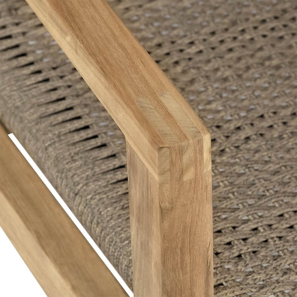 Teak armrest detail with sand woven texture on Admiral dining chair