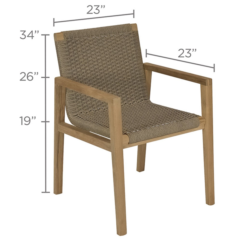 Admiral dining chair dimensions view; sand woven seat and back, teak frame