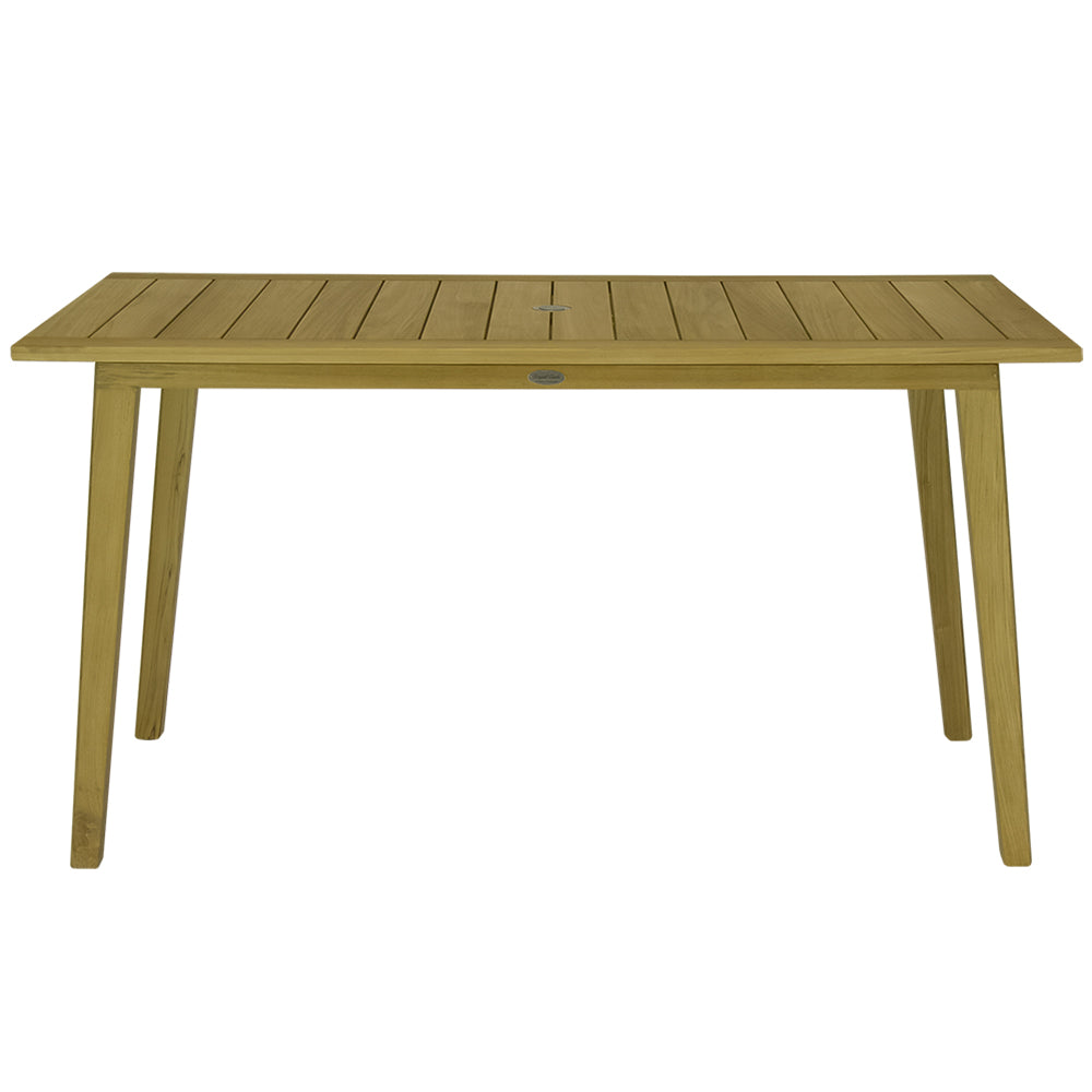 Rectangular teak counter-height table with slatted top and four tapered legs, natural.