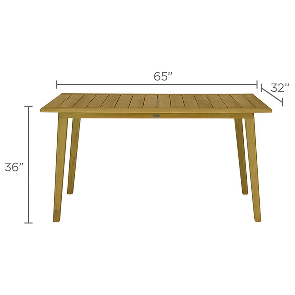 Teak counter-height dining table with rectangular top; 65in wide, 32in deep, 36in tall.