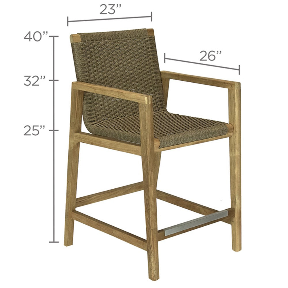 Counter-height woven chair with light teak frame; 23in wide, 40in tall (shown).
