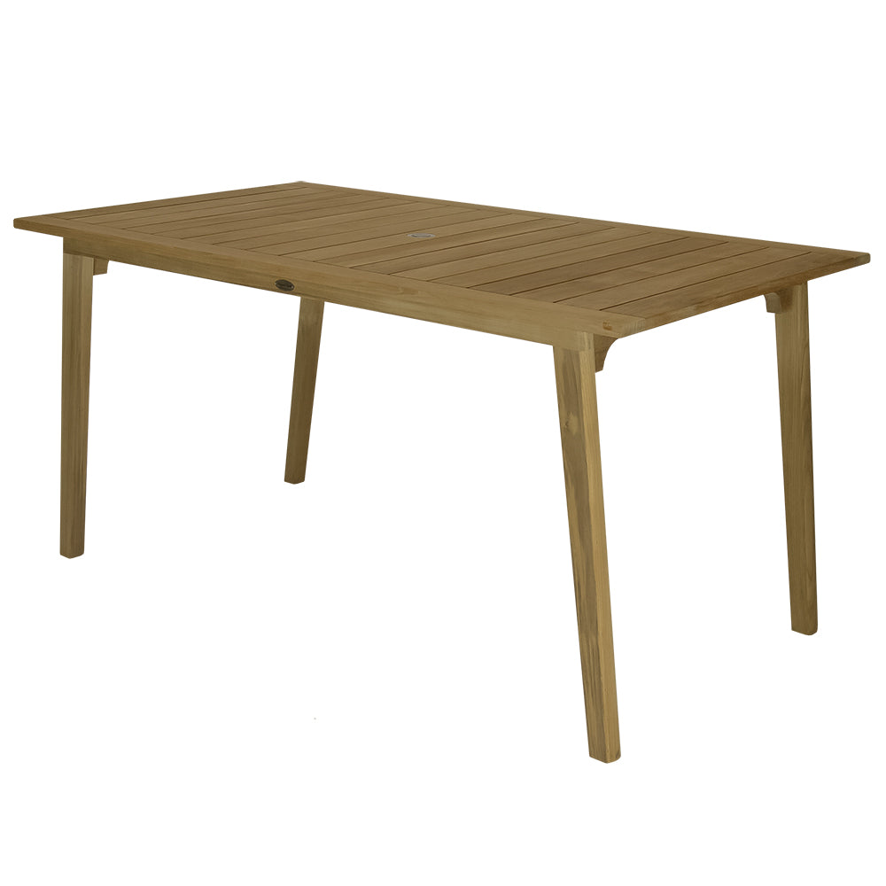 Teak counter-height table with angled slatted top and four tapered legs, natural finish.