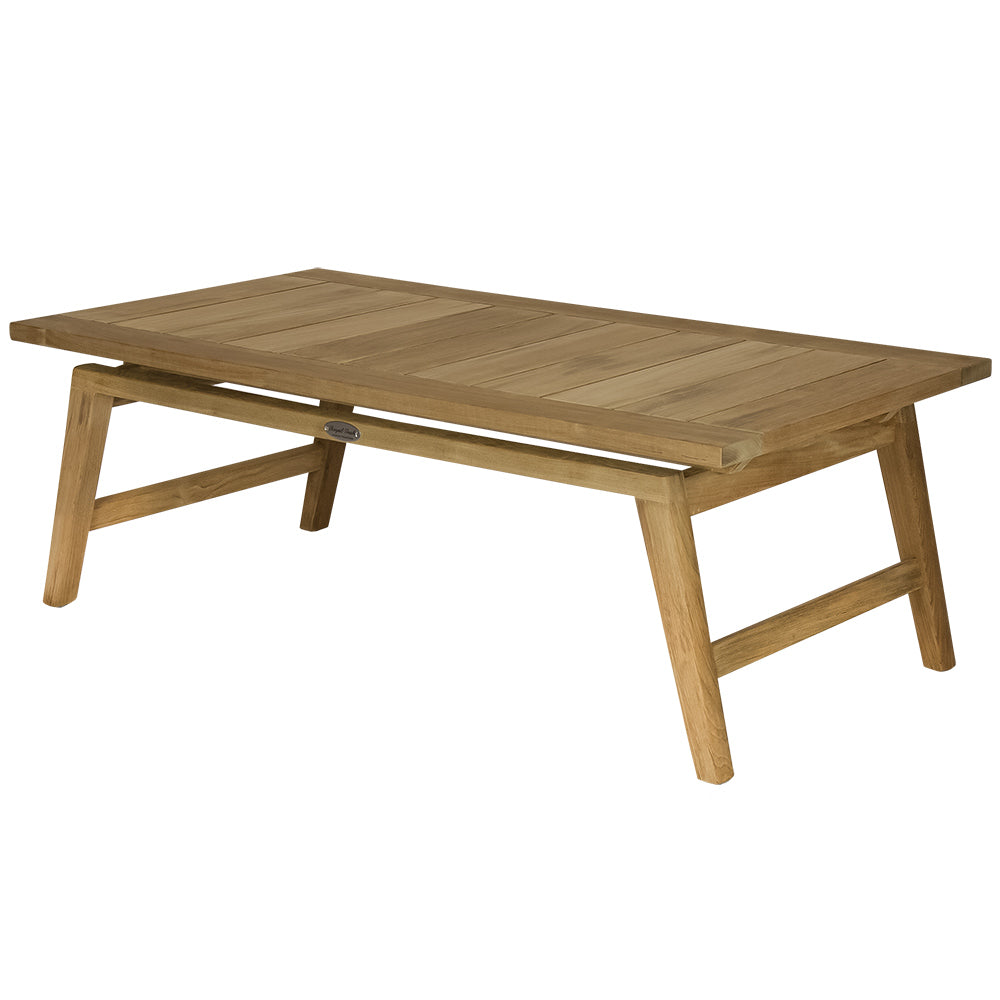 Teak coffee table with slatted tabletop and lift-up leaf