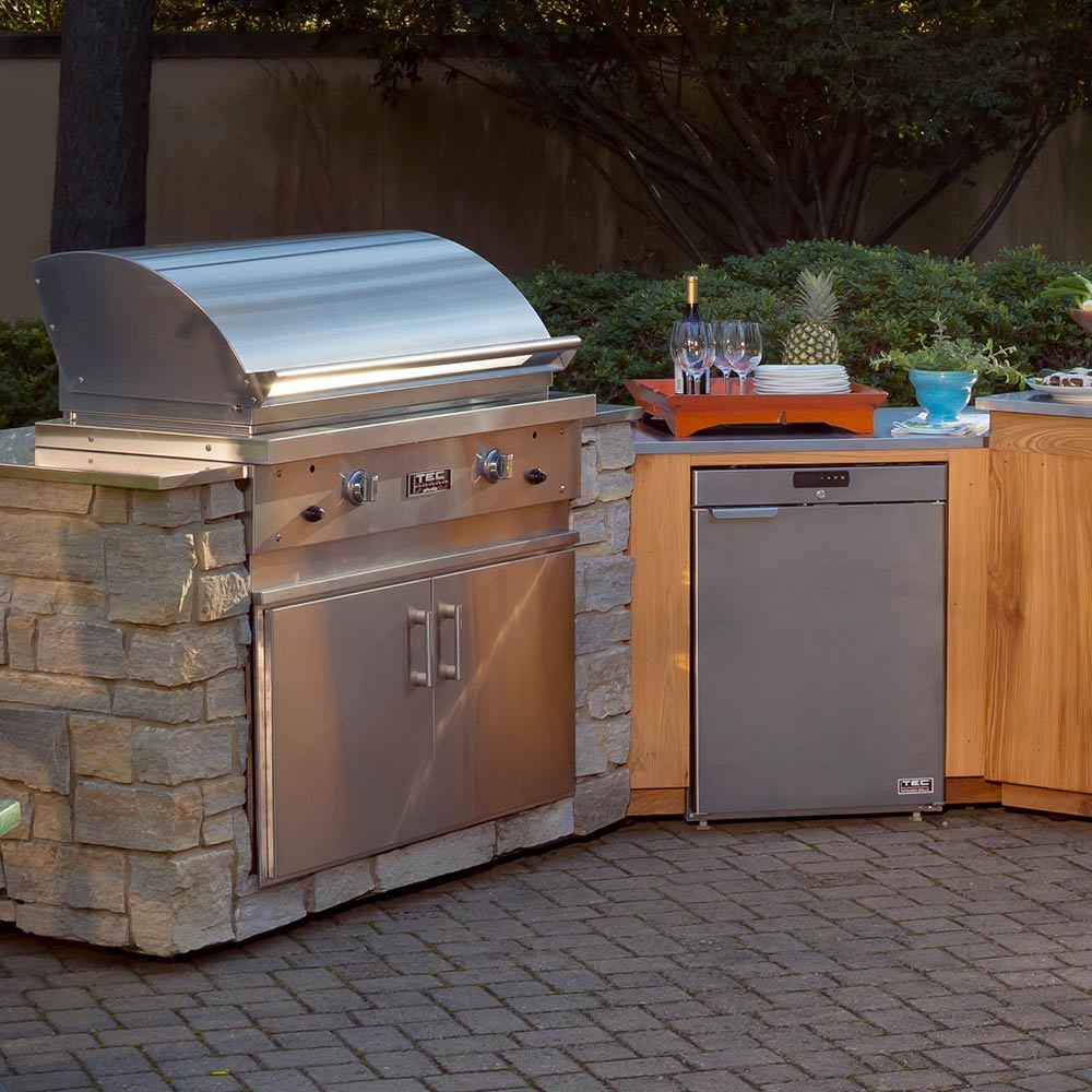 Double access doors on outdoor kitchen cabinet, stainless steel with vertical handles