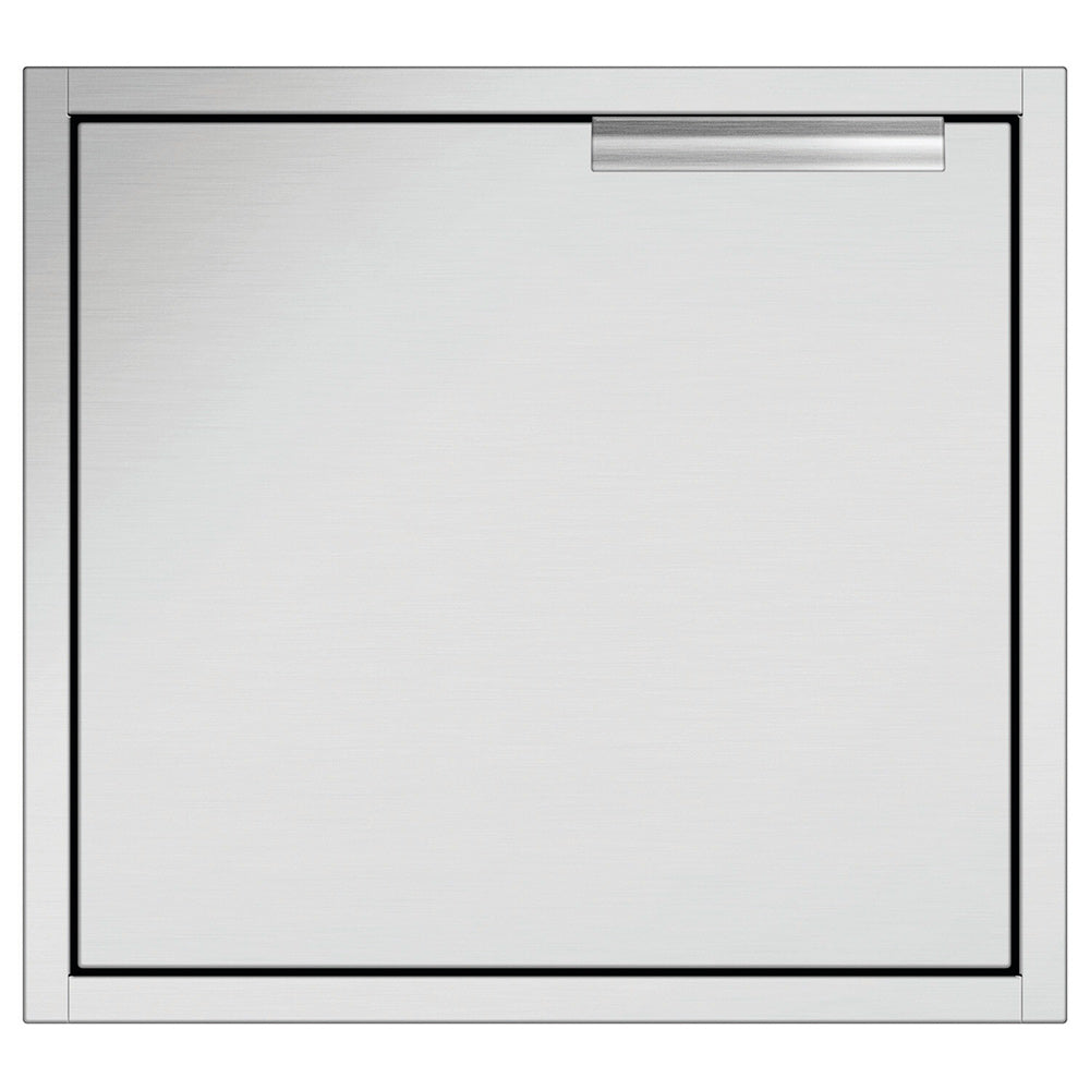Single access door with white panel and gray metal frame, top latch detail