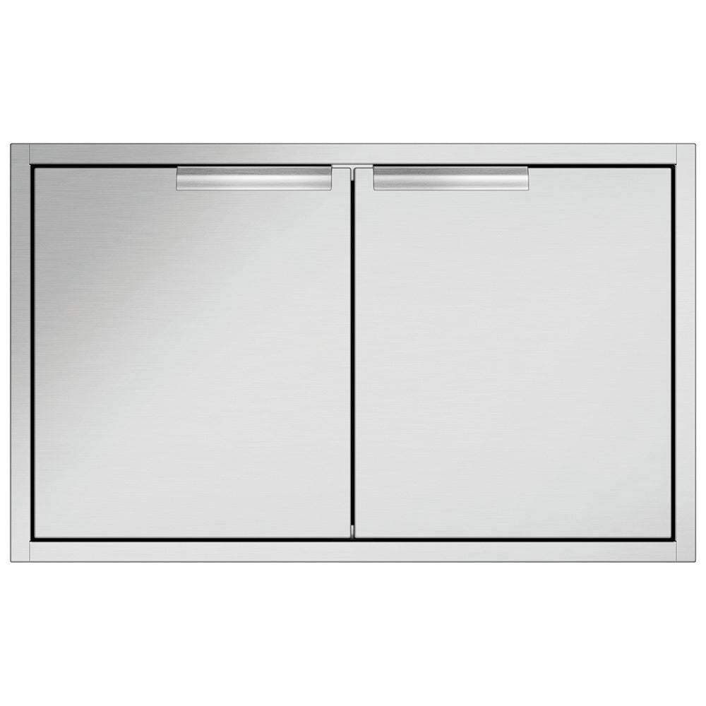 Double access doors with two rectangular metal panels and center vertical seam