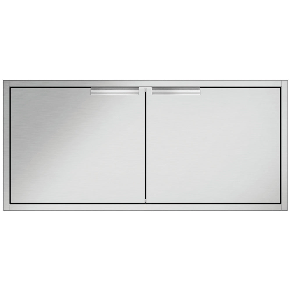 Double access doors with brushed metal frame and two panel doors