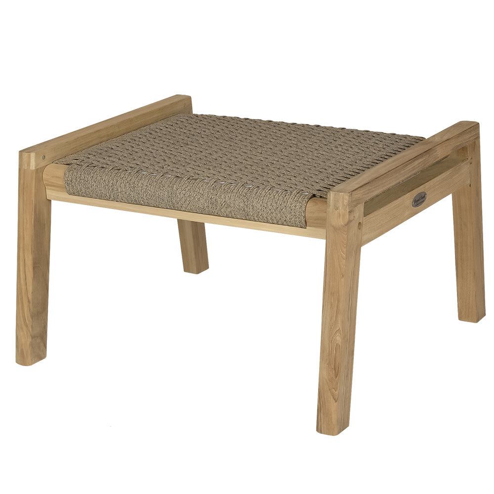 Teak ottoman with light gray woven cushion and corner block details