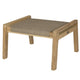Teak ottoman with light gray woven cushion and corner block details