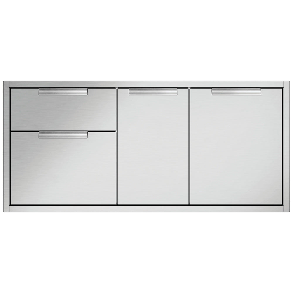 Metal propane tank storage cabinet with three compartments and drawer, silver.