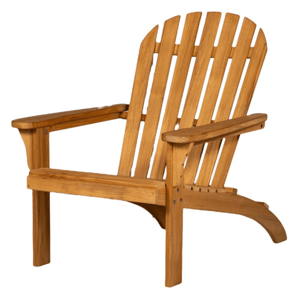Solid teak Adirondack chair with slatted back and curved armrests