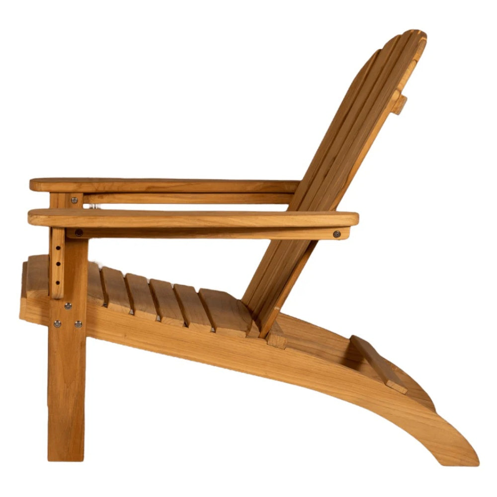 Solid teak Adirondack chair shown from side with slatted seat and back