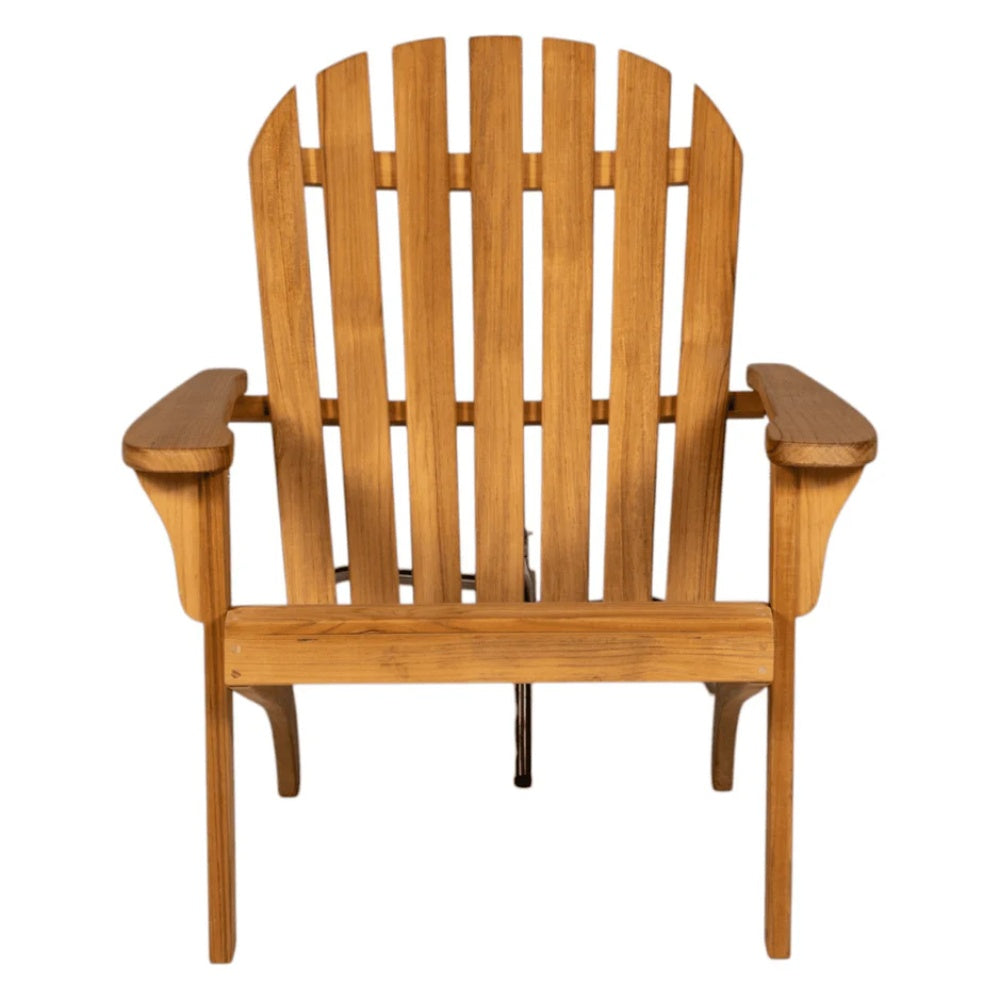 Solid teak Adirondack chair front view with tall slatted back and wide arms