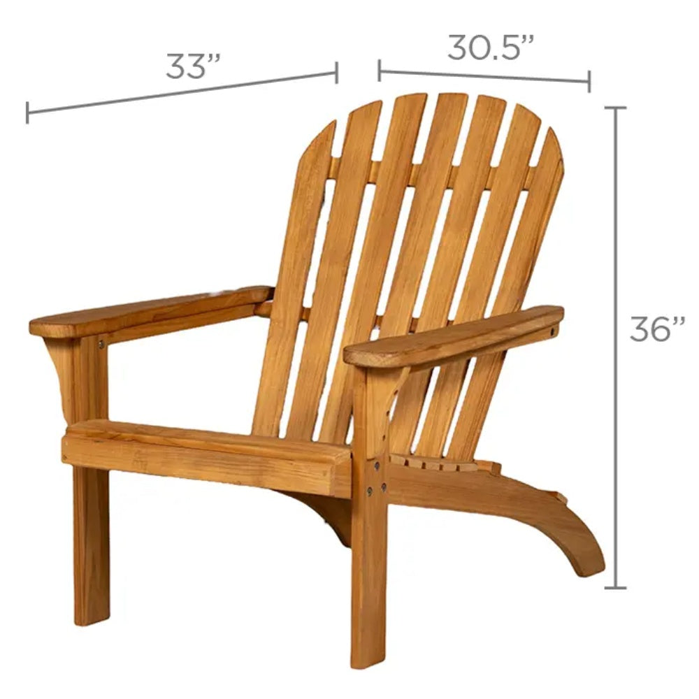 Solid teak Adirondack chair dimensions: 33 in W, 30.5 in D, 36 in H