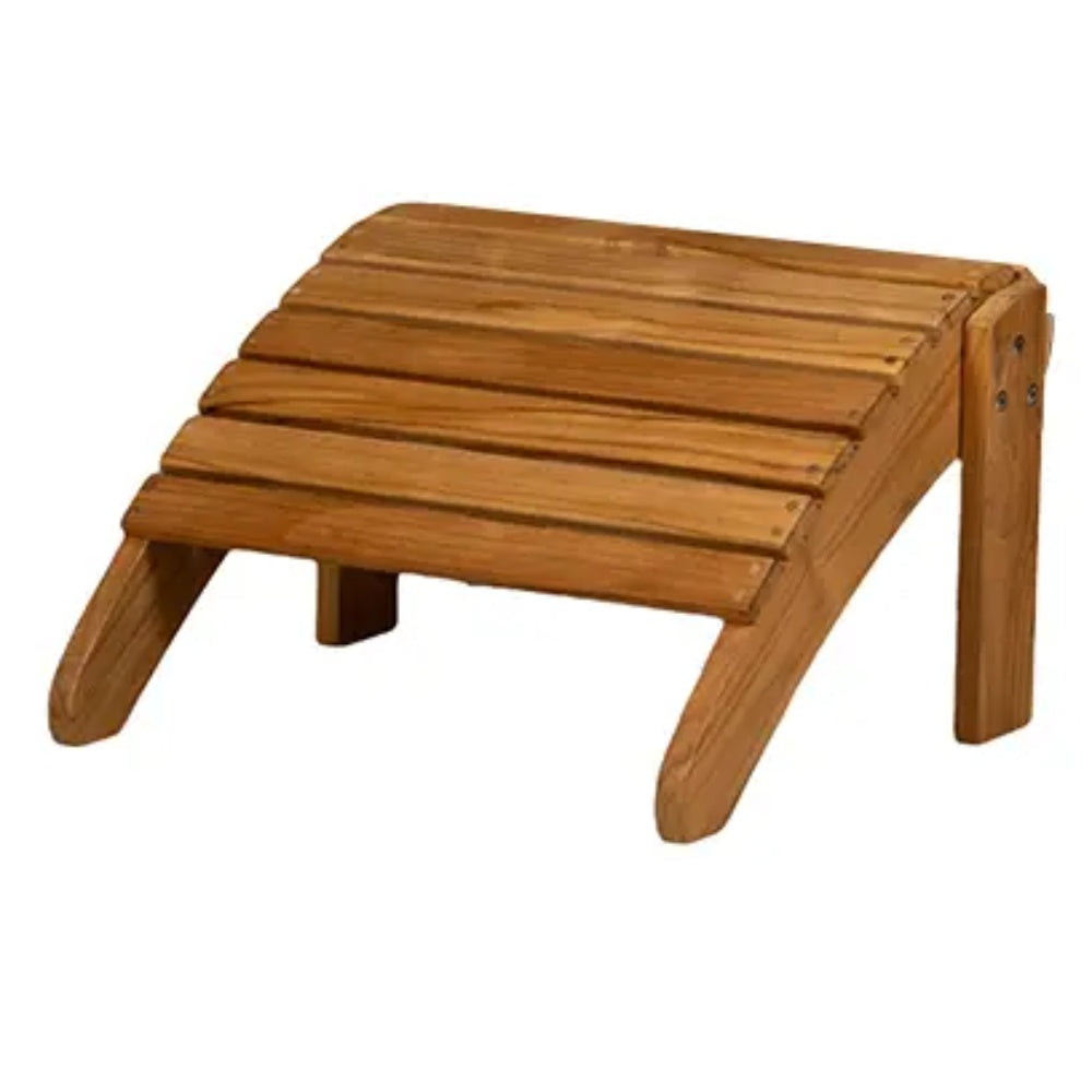 Solid teak adirondack footrest with slatted wooden top and four angled legs