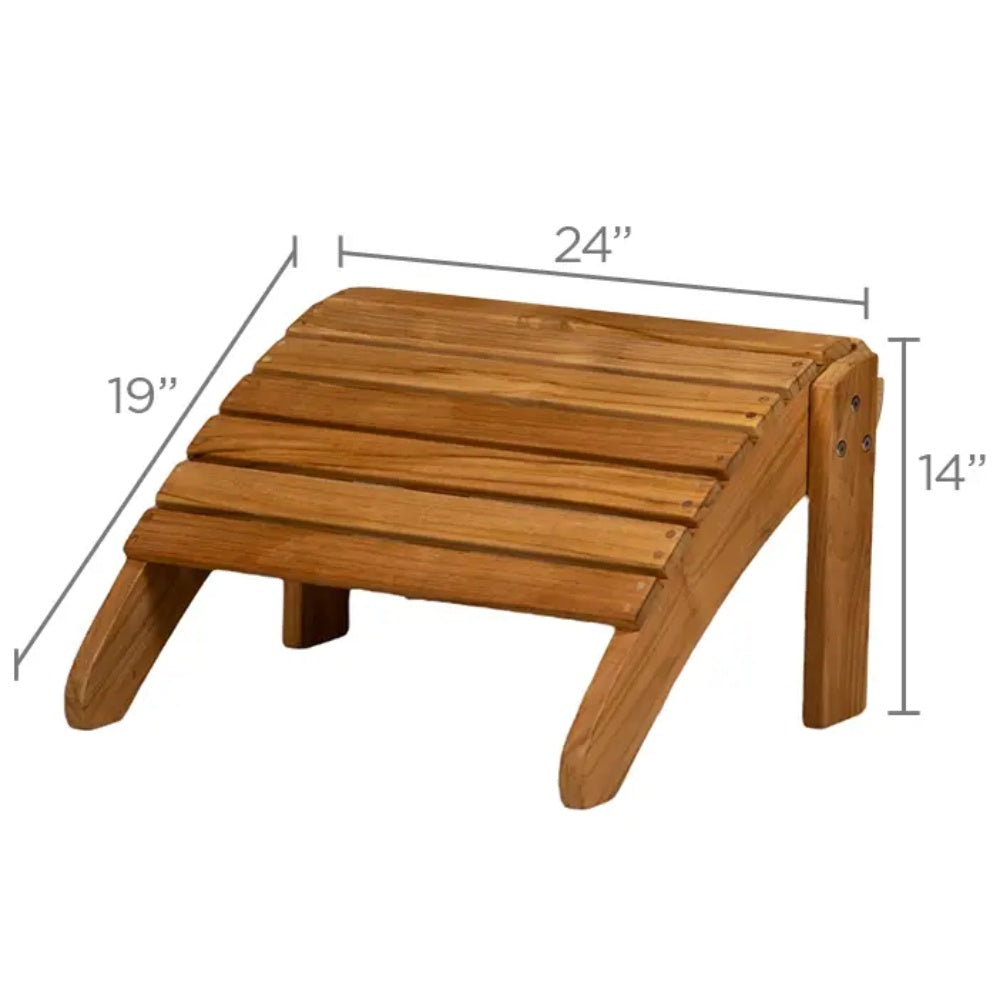 Solid teak adirondack footrest, 24" wide with slatted top and angled legs
