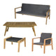 Outdoor 6-piece set with charcoal cushions and teak frames, including sofa, chairs, table