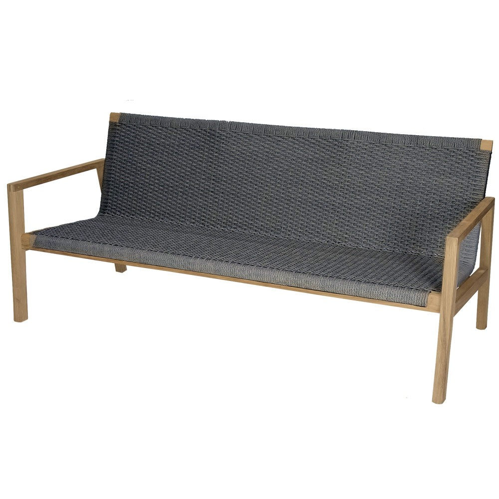 Outdoor loveseat with dark gray woven cushions and light wood frame, straight arm design