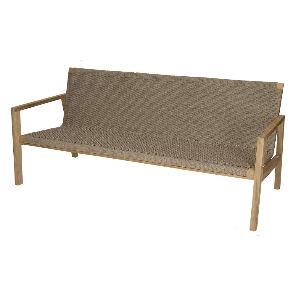 Outdoor loveseat with teak frame, sand woven cushion, straight arms, rectangular back