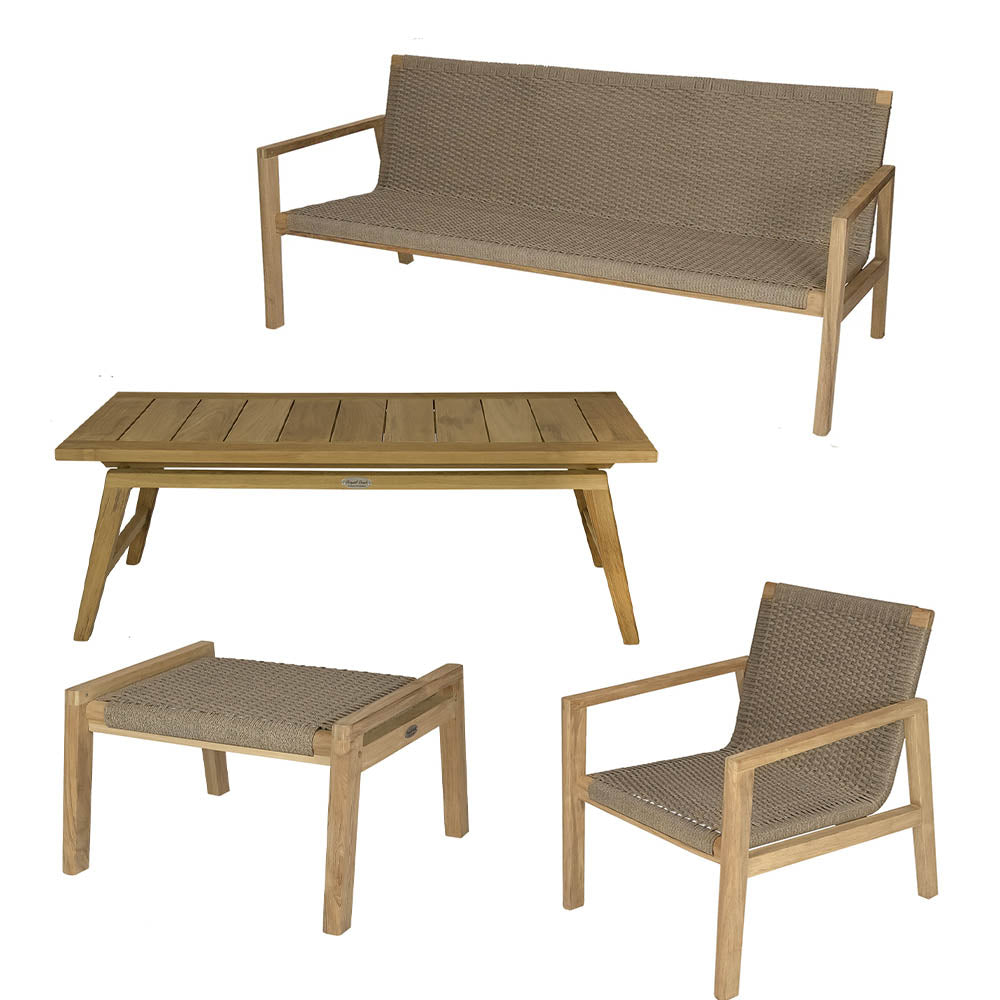 Outdoor furniture set with sand cushions and teak-look frame, including sofa, chairs, and table