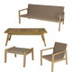 Outdoor furniture set with sand cushions and teak-look frame, including sofa, chairs, and table